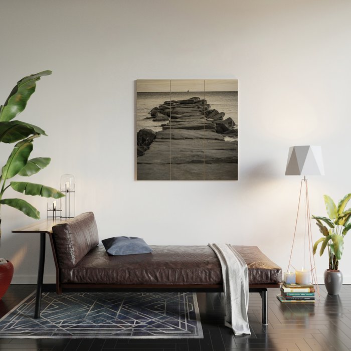 Rocky Pier Lake Erie Cleveland Ohio Black White Coastal Photography Print Wood Wall Art Gallery Image 2