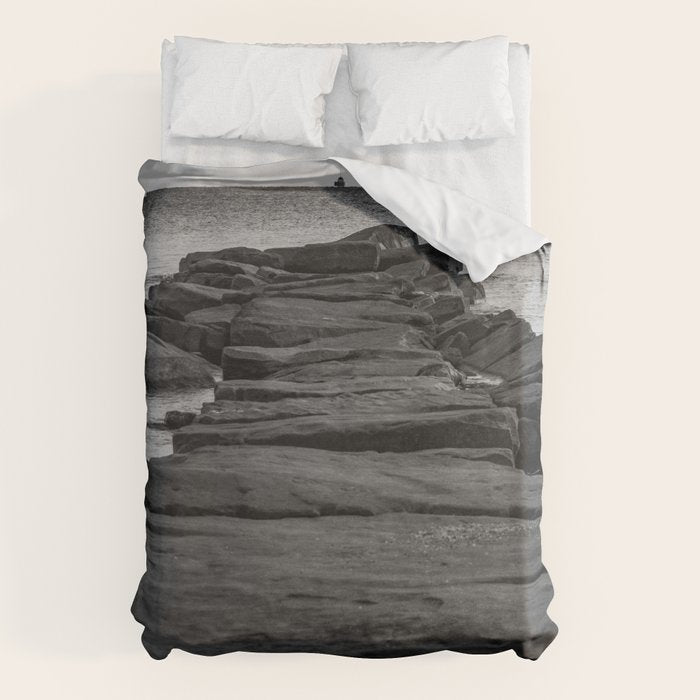 Rocky Pier Lake Erie Cleveland Ohio Black White Coastal Photography Print Duvet Cover Gallery Image 1