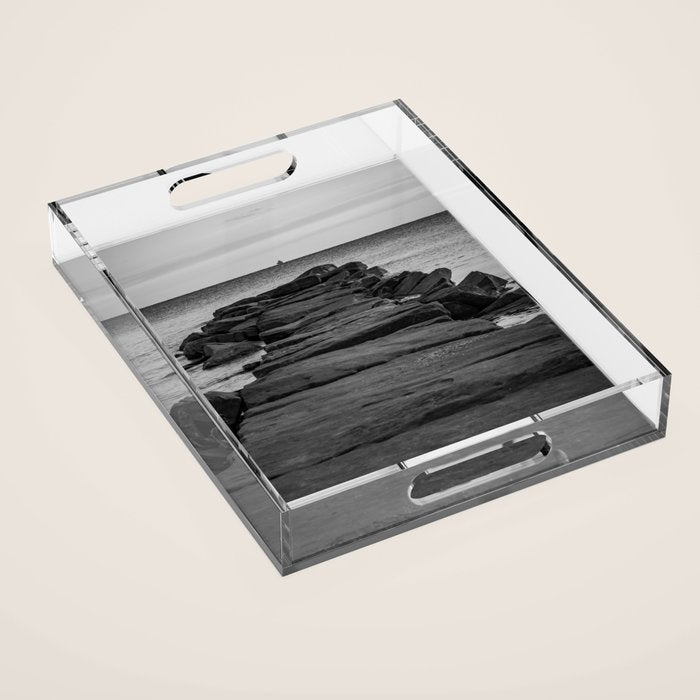 Rocky Pier Lake Erie Cleveland Ohio Black White Coastal Photography Print Acrylic Tray Gallery Image 1