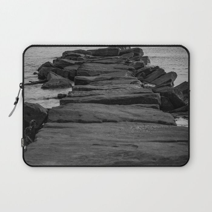 Rocky Pier Lake Erie Cleveland Ohio Black White Coastal Photography Print Laptop Sleeve Gallery Image 1