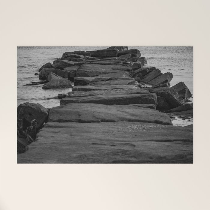 Rocky Pier Lake Erie Cleveland Ohio Black White Coastal Photography Print Welcome Mat Gallery Image 1