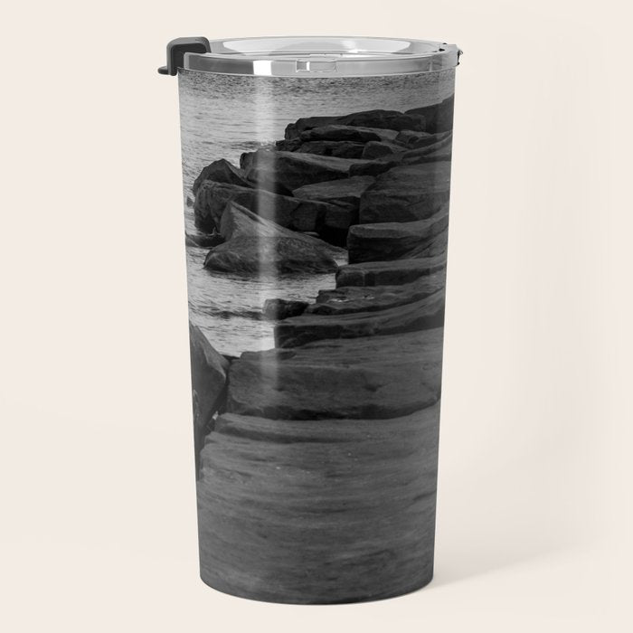 Rocky Pier Lake Erie Cleveland Ohio Black White Coastal Photography Print Travel Mug Gallery Image 3