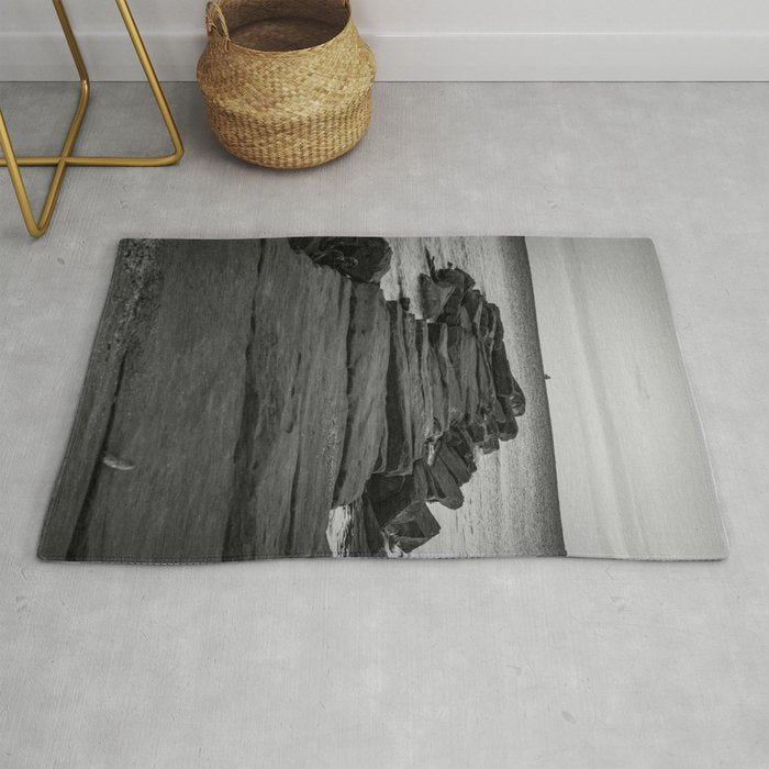 Rocky Pier Lake Erie Cleveland Ohio Black White Coastal Photography Print Rug Gallery Image 1