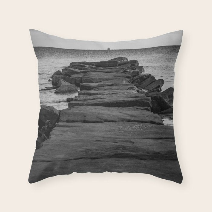 Rocky Pier Lake Erie Cleveland Ohio Black White Coastal Photography Print Throw Pillow Gallery Image 6