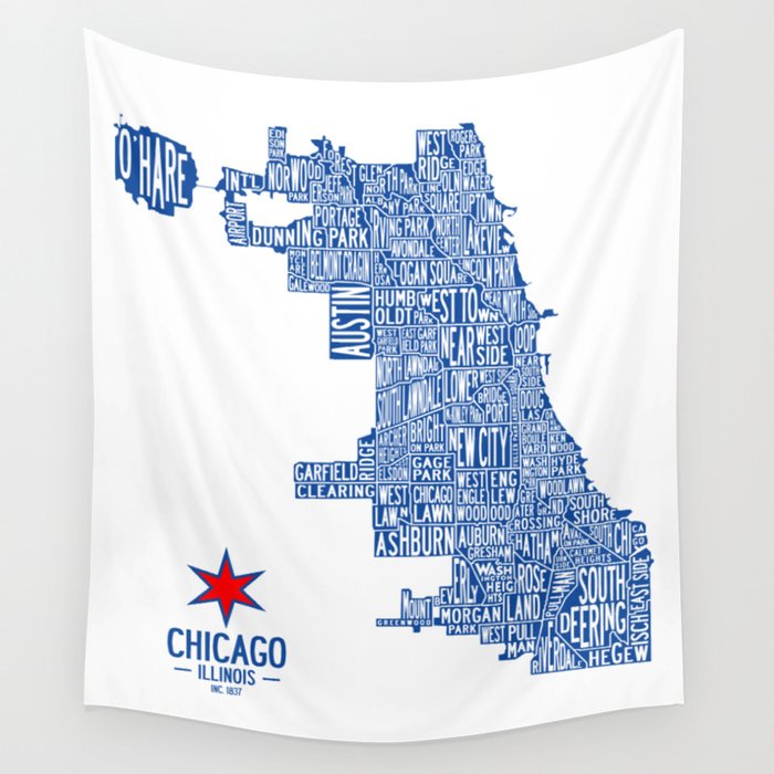 Chicago Neighborhood Map in Blue Wall Tapestry Gallery Image 4