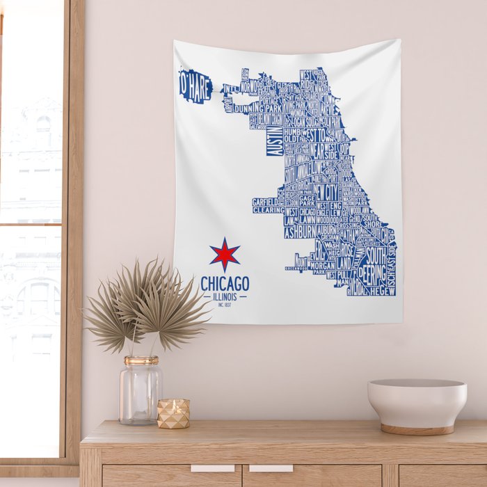 Chicago Neighborhood Map in Blue Wall Tapestry Gallery Image 2