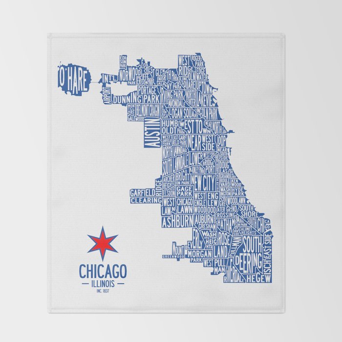Chicago Neighborhood Map in Blue Throw Blanket Gallery Image 2