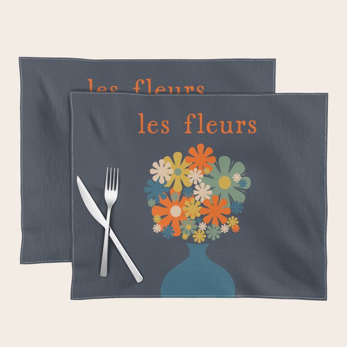Les Fleurs Retro Flowers in Vase Blue Orange Placemat Gallery Image 1
