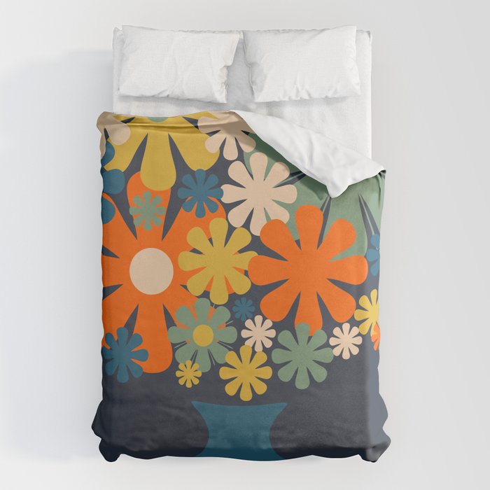 Les Fleurs Retro Flowers in Vase Blue Orange Duvet Cover Gallery Image 6