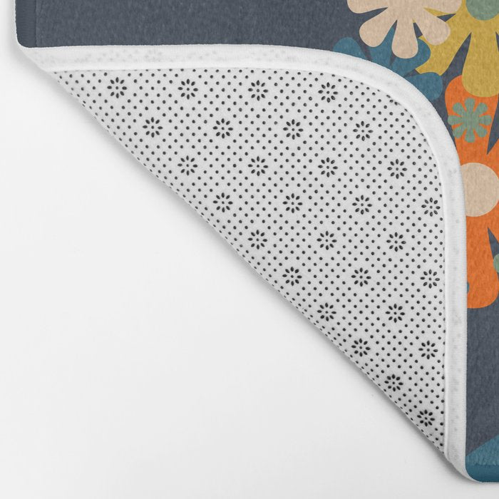Les Fleurs Retro Flowers in Vase Blue Orange Bath Mat Gallery Image 2