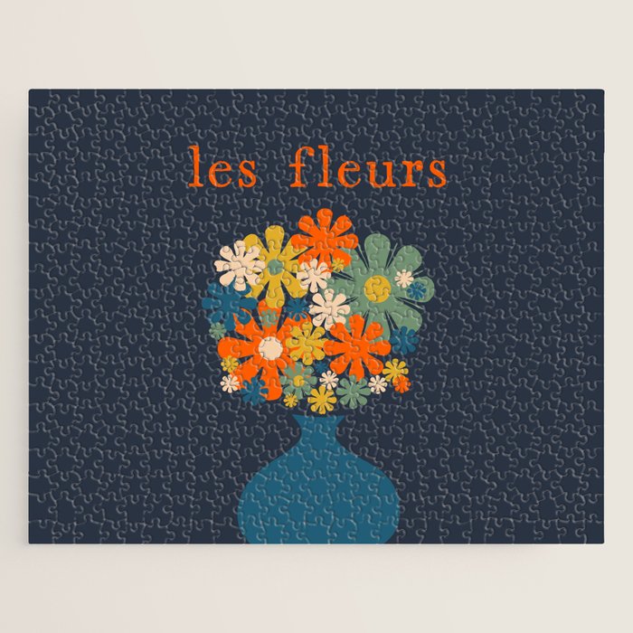 Les Fleurs Retro Flowers in Vase Blue Orange Jigsaw Puzzle Gallery Image 1