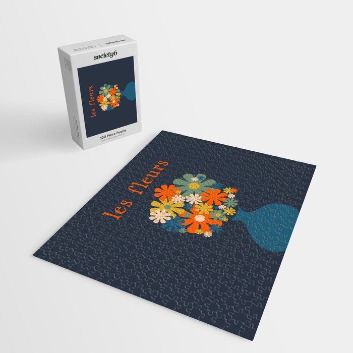 Les Fleurs Retro Flowers in Vase Blue Orange Jigsaw Puzzle Gallery Image 2