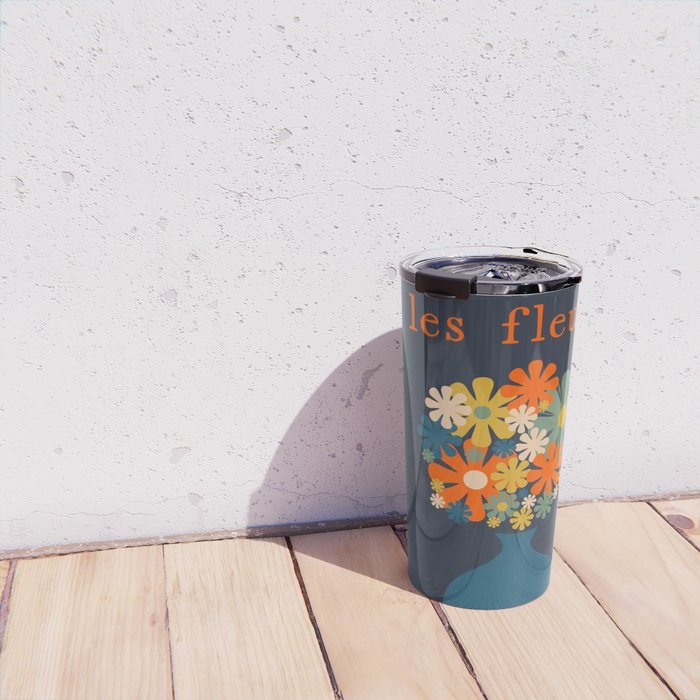 Les Fleurs Retro Flowers in Vase Blue Orange Travel Mug Gallery Image 4