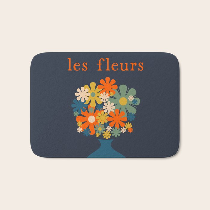 Les Fleurs Retro Flowers in Vase Blue Orange Bath Mat Gallery Image 1
