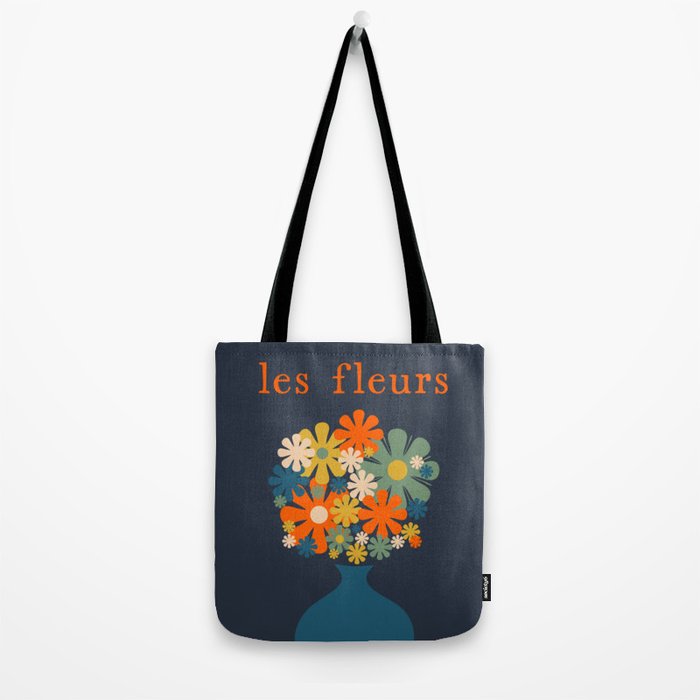 Les Fleurs Retro Flowers in Vase Blue Orange Tote Bag Gallery Image 2