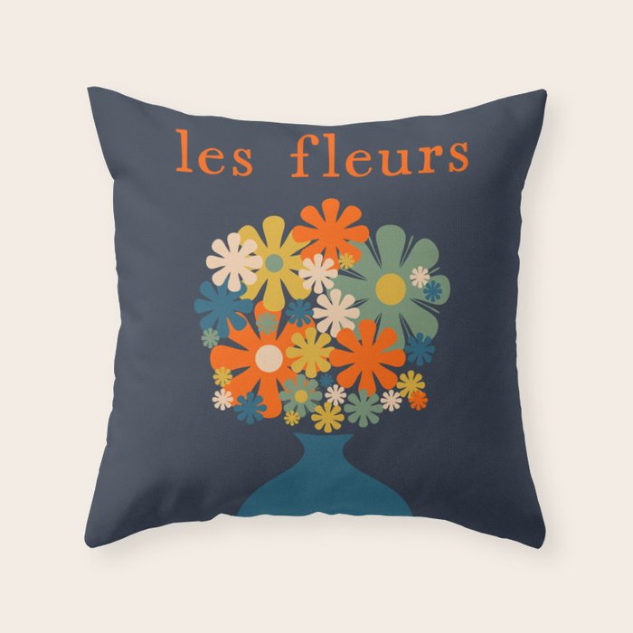 Les Fleurs Retro Flowers in Vase Blue Orange Throw Pillow Gallery Image 6
