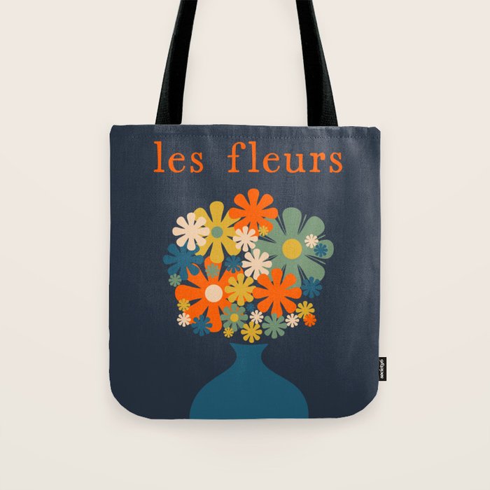 Les Fleurs Retro Flowers in Vase Blue Orange Tote Bag Gallery Image 1