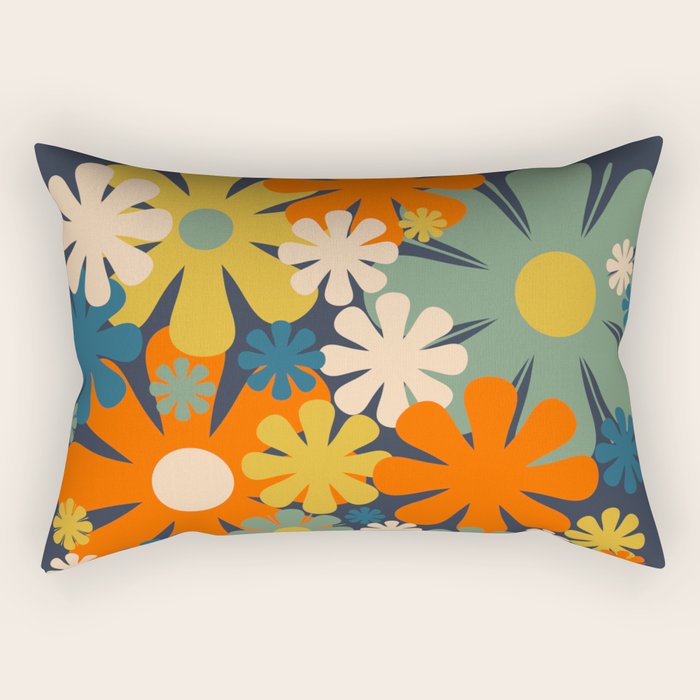 Les Fleurs Retro Flowers in Vase Blue Orange Rectangular Pillow Gallery Image 1