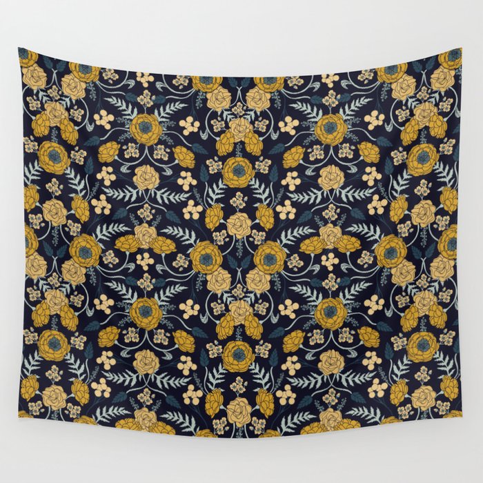 Navy Blue, Turquoise, Cream & Mustard Yellow Dark Floral Pattern Wall Tapestry Gallery Image 1