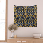 Navy Blue, Turquoise, Cream & Mustard Yellow Dark Floral Pattern Wall Tapestry Gallery Image 2