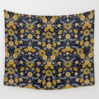Navy Blue, Turquoise, Cream & Mustard Yellow Dark Floral Pattern Wall Tapestry Gallery Image 4