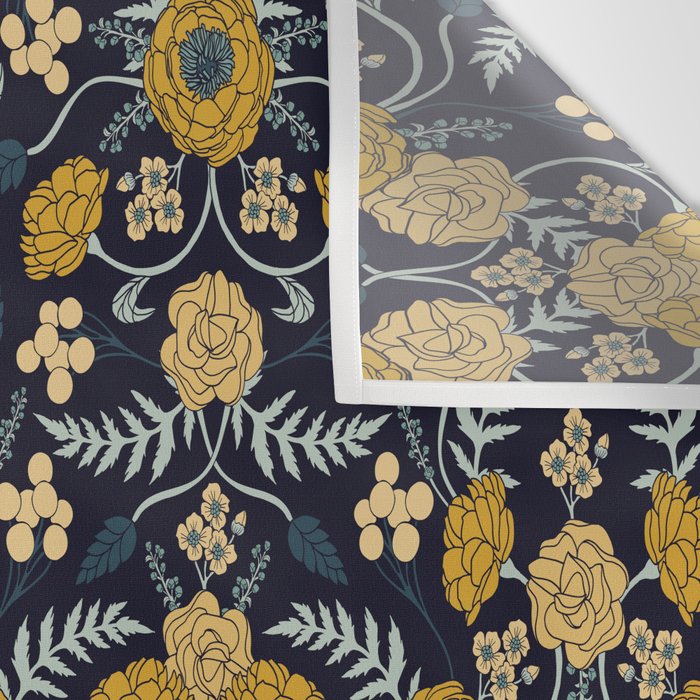 Navy Blue, Turquoise, Cream & Mustard Yellow Dark Floral Pattern Wall Tapestry Gallery Image 3
