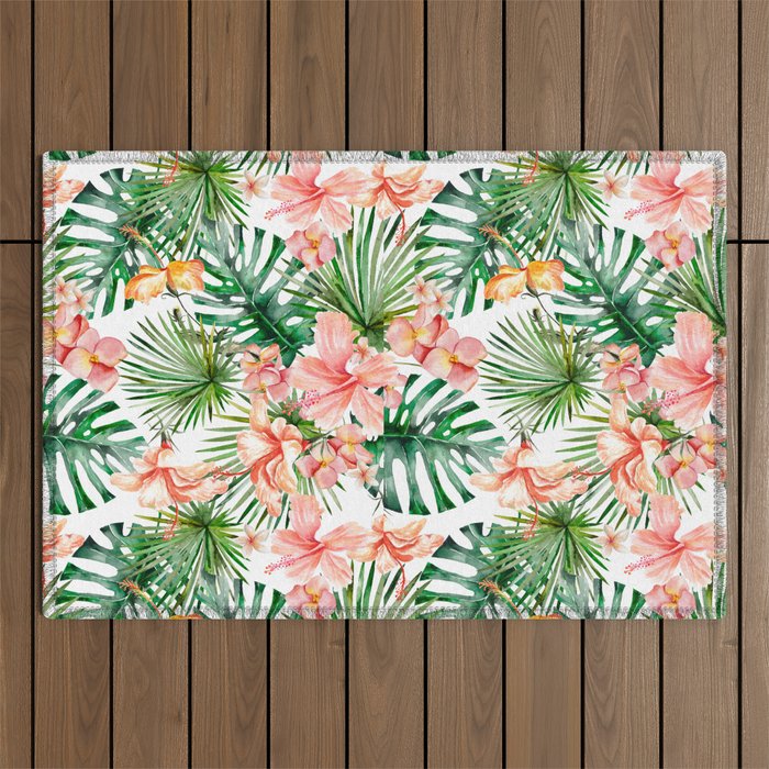 Tropical Jungle Hibiscus Flowers - Floral Outdoor Rug Gallery Image 1