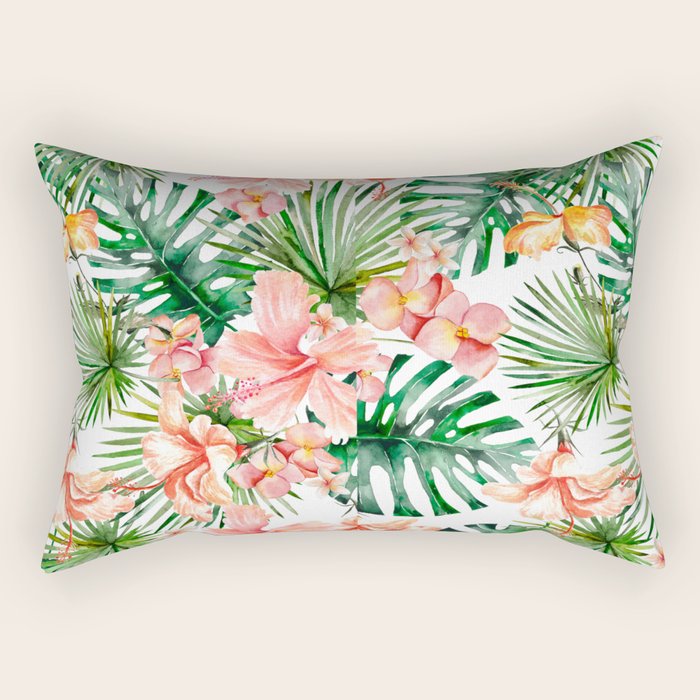 Tropical Jungle Hibiscus Flowers - Floral Rectangular Pillow Gallery Image 1
