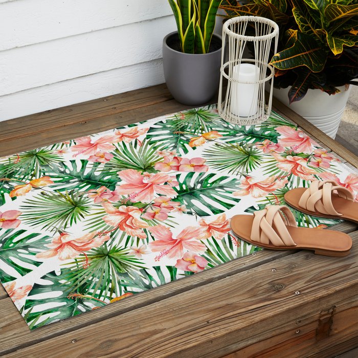 Tropical Jungle Hibiscus Flowers - Floral Outdoor Rug Gallery Image 2