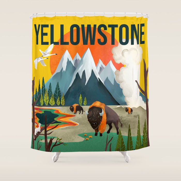Colorful Yellowstone National Park Summer Travel Poster Art Shower Curtain Gallery Image 1