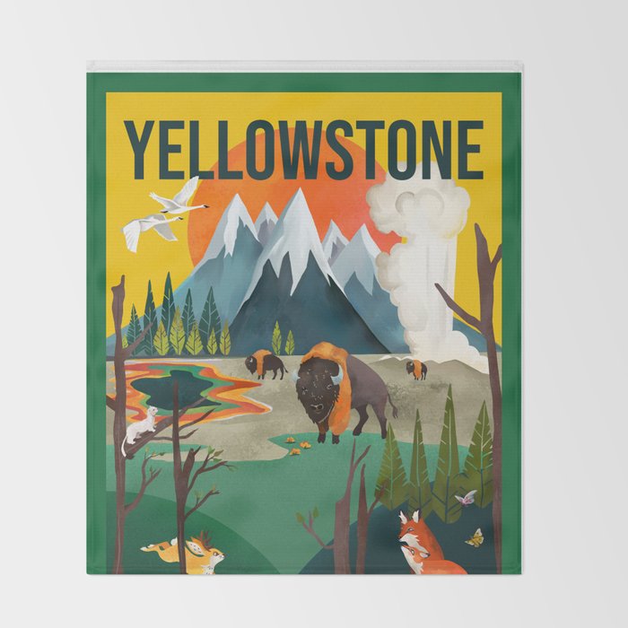 Colorful Yellowstone National Park Summer Travel Poster Art Throw Blanket Gallery Image 2
