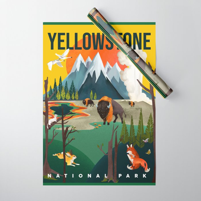 Colorful Yellowstone National Park Summer Travel Poster Art Wrapping Paper Gallery Image 1