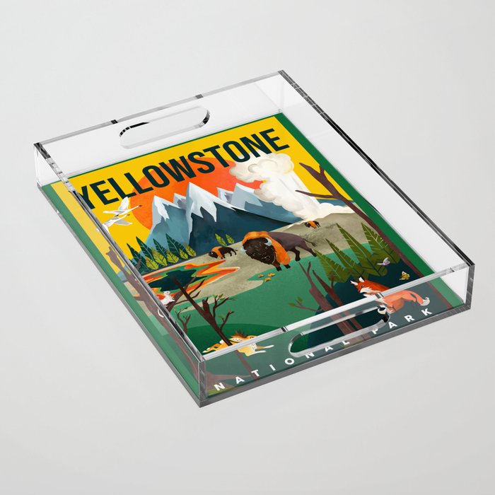 Colorful Yellowstone National Park Summer Travel Poster Art Acrylic Tray Gallery Image 1