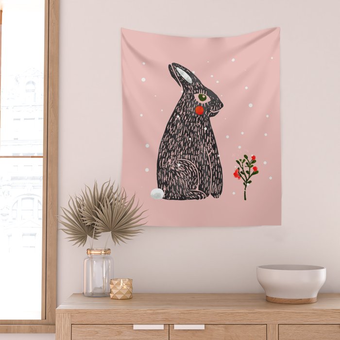 Christmas rabbit - illustration Wall Tapestry Gallery Image 2