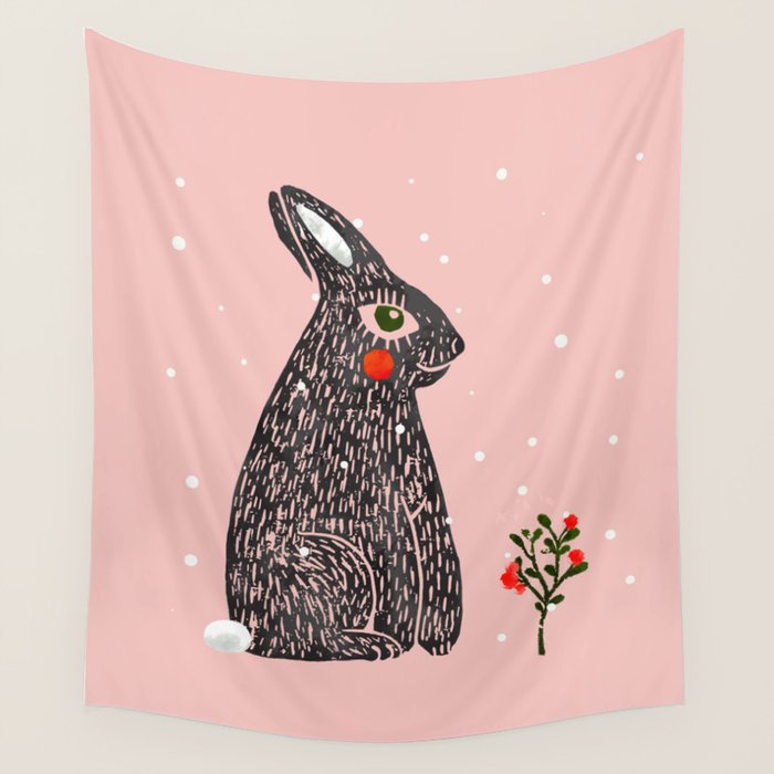 Christmas rabbit - illustration Wall Tapestry Gallery Image 1
