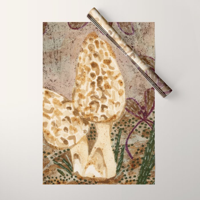 Little Morel Mushrooms in Warm Brown Wrapping Paper Gallery Image 1