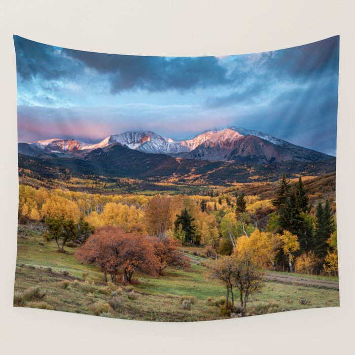 Colorado Mountain Sunrise Mt. Sopris Autumn Landscape Wall Tapestry Gallery Image 4
