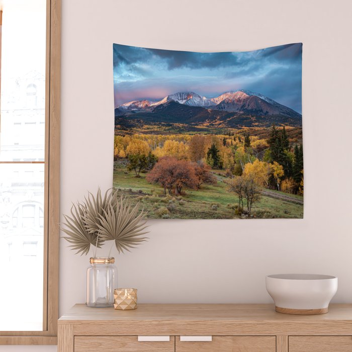 Colorado Mountain Sunrise Mt. Sopris Autumn Landscape Wall Tapestry Gallery Image 2
