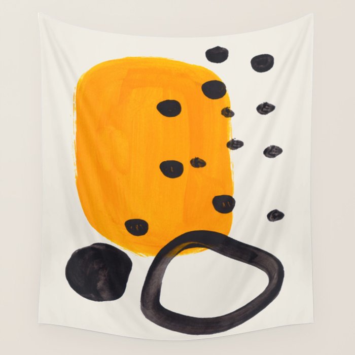 Unique Abstract Unique Mid century Modern Yellow Mustard Black Ring Dots Wall Tapestry Gallery Image 4