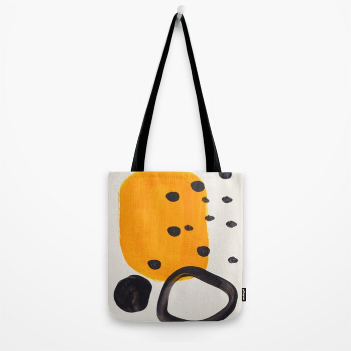 Unique Abstract Unique Mid century Modern Yellow Mustard Black Ring Dots Tote Bag Gallery Image 2