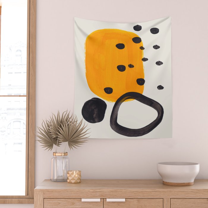Unique Abstract Unique Mid century Modern Yellow Mustard Black Ring Dots Wall Tapestry Gallery Image 2