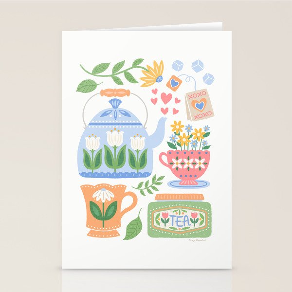 Cup of Tea Floral - Multi-color on White Stationery Card Gallery Image 2