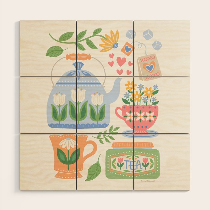 Cup of Tea Floral - Multi-color on White Wood Wall Art Gallery Image 1