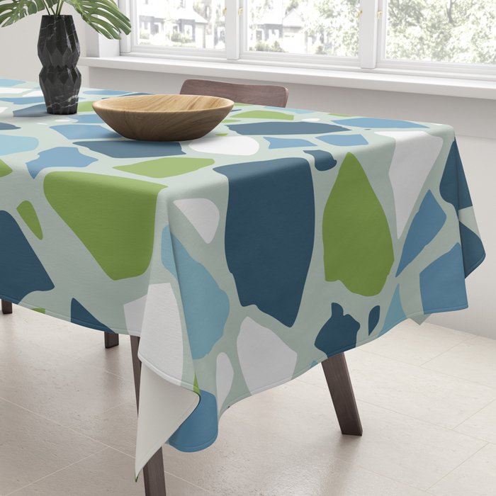 Terrazzo Mosaic Pattern, Teal Blue, Green, White Tablecloth Gallery Image 3