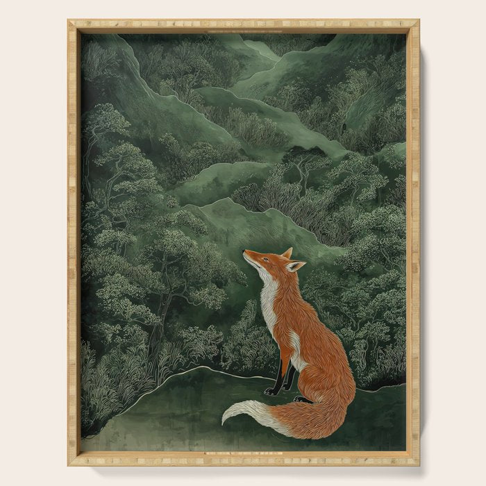 Japanese Painting Botanical Wall Art Japanese Art Green Poster Fox Art Wabi Sabi Minimalist Art  Serving Tray Gallery Image 1