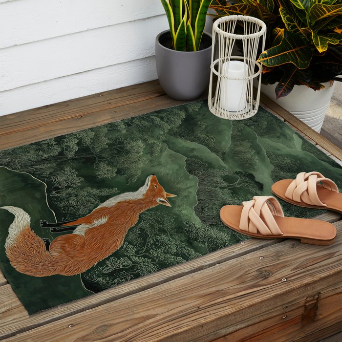 Japanese Painting Botanical Wall Art Japanese Art Green Poster Fox Art Wabi Sabi Minimalist Art  Outdoor Rug Gallery Image 2