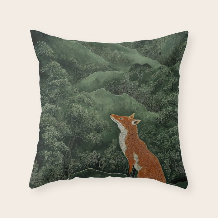 Japanese Painting Botanical Wall Art Japanese Art Green Poster Fox Art Wabi Sabi Minimalist Art  Throw Pillow Gallery Image 1