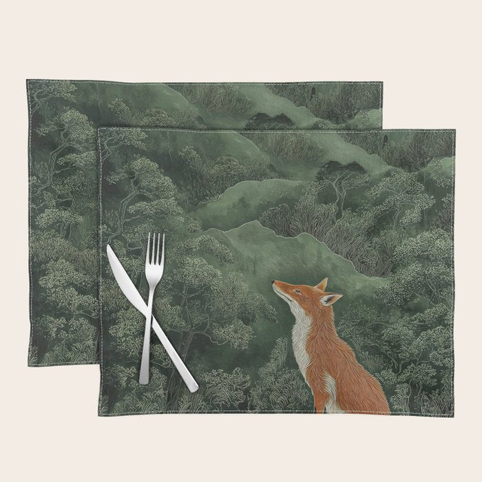 Japanese Painting Botanical Wall Art Japanese Art Green Poster Fox Art Wabi Sabi Minimalist Art  Placemat Gallery Image 1