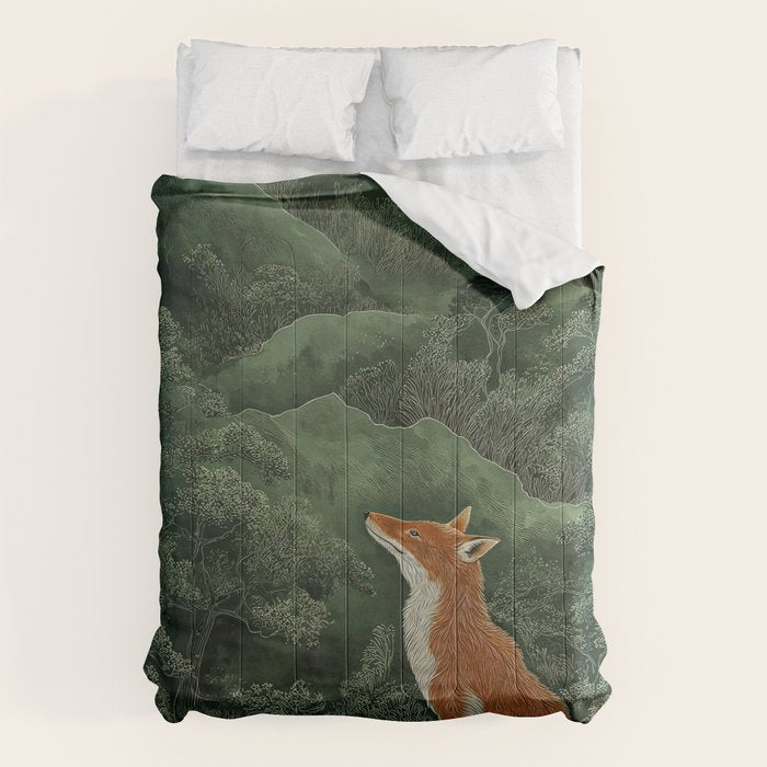 Japanese Painting Botanical Wall Art Japanese Art Green Poster Fox Art Wabi Sabi Minimalist Art  Comforter Gallery Image 1