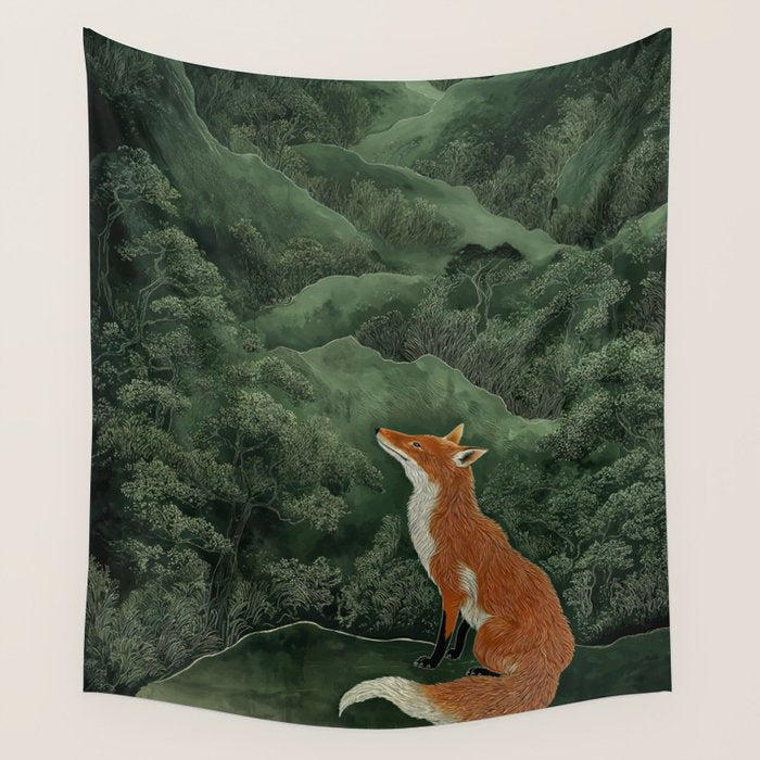 Japanese Painting Botanical Wall Art Japanese Art Green Poster Fox Art Wabi Sabi Minimalist Art  Wall Tapestry Gallery Image 1